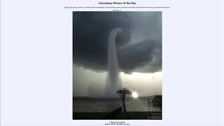In today's image, we see a waterspout off the coast of florida. this
is similar to tornado except that it occurs over water instead land.
c...
