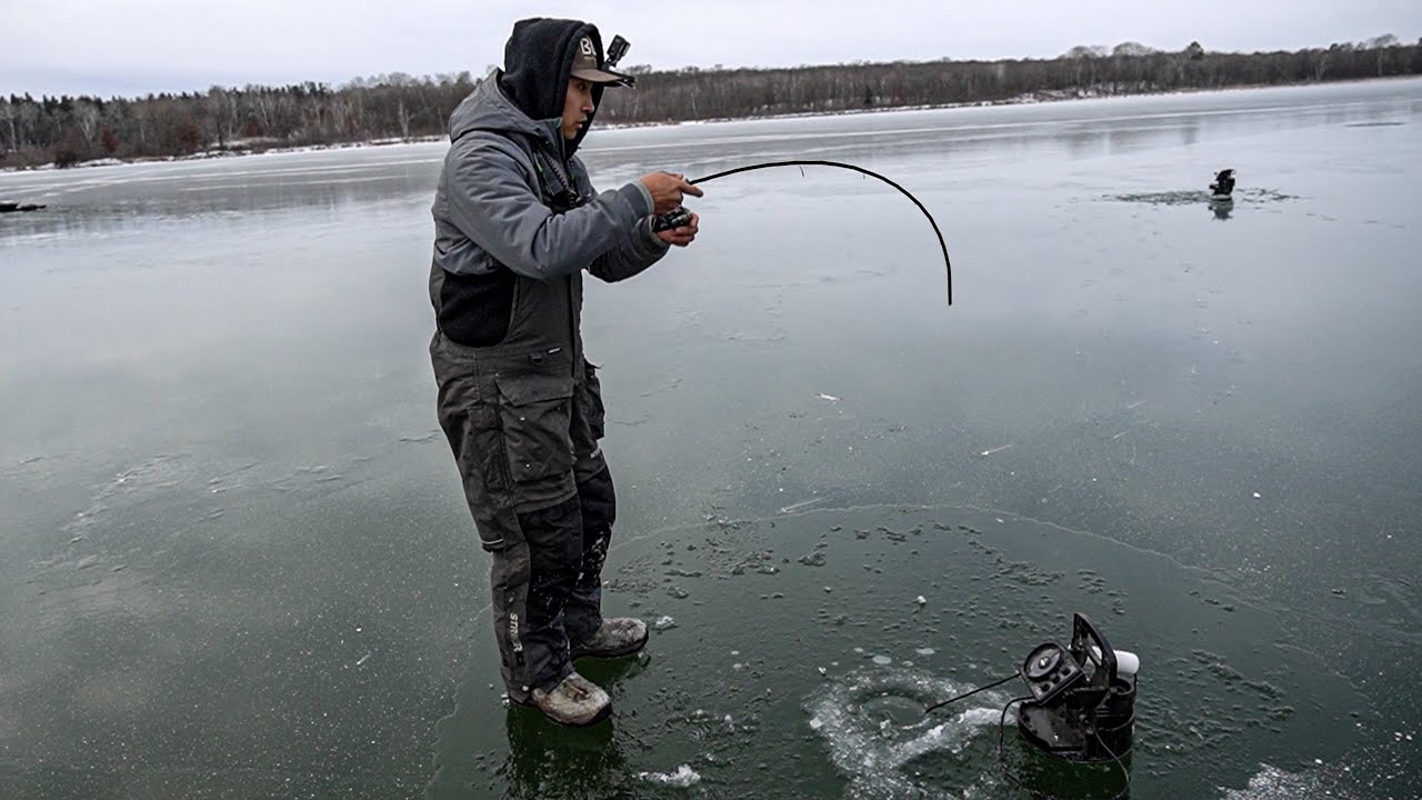 FIRST ICE Fishing on ULTRA THIN CLEAR ICE! (DANGEROUS) 