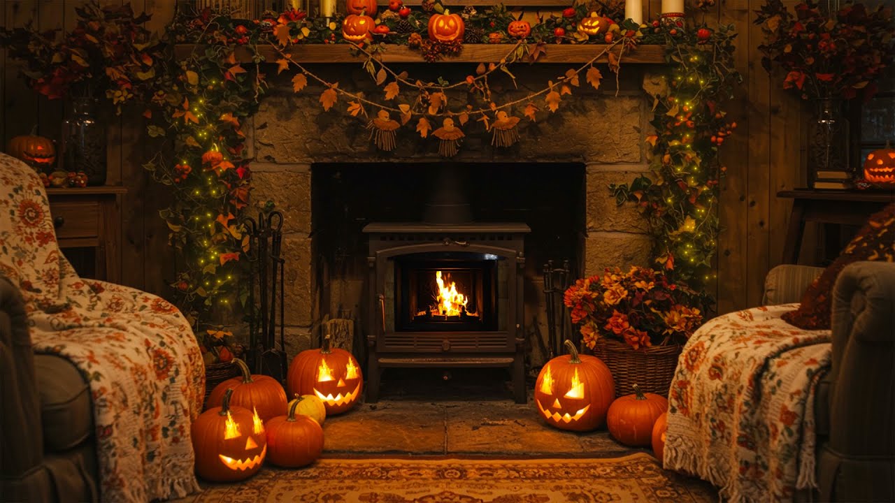 🎃 Halloween Fireplace with Instrumental Halloween Music Ambience 🔥Scary Halloween Background Music
