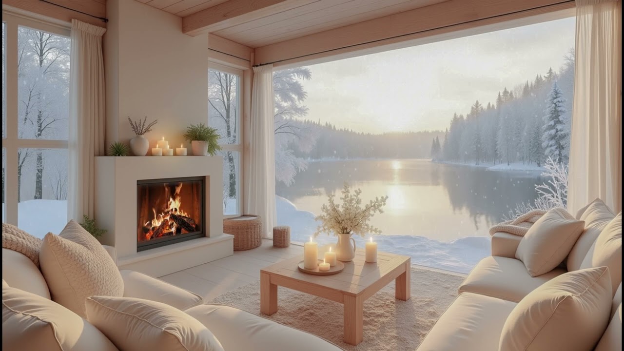 Serene Winter Lake Cabin ❄️ Relaxing Piano & Fire Sounds for Study & Deep Focus