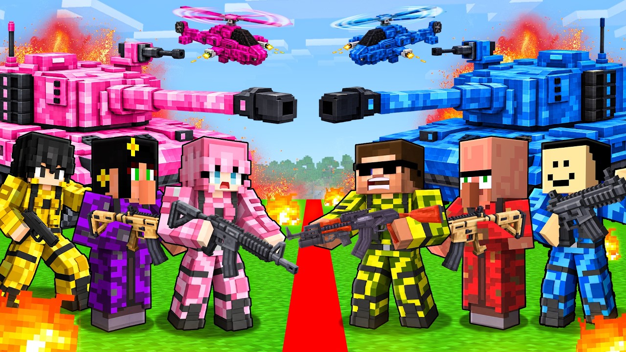 Boys vs Girls Army Battle in Minecraft..