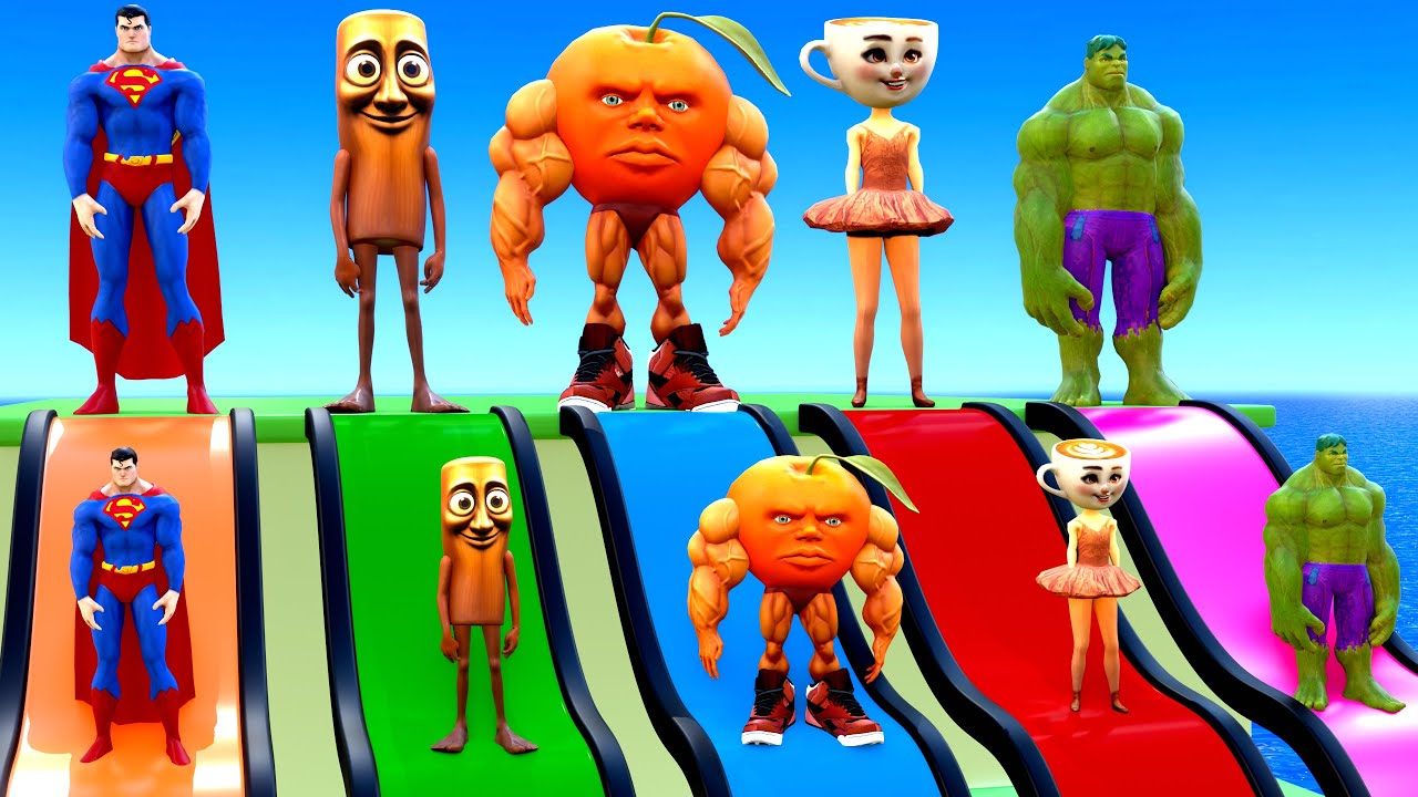 Playing as Spiderman in Long Slide Game with Cow Elephant Gorilla Hippo Tiger Funny 3d Animal Game