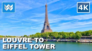 [4K] The Louvre to Eiffel Tower along Seine River in Paris France 🇫🇷 Walking Tour Vlog & Guide