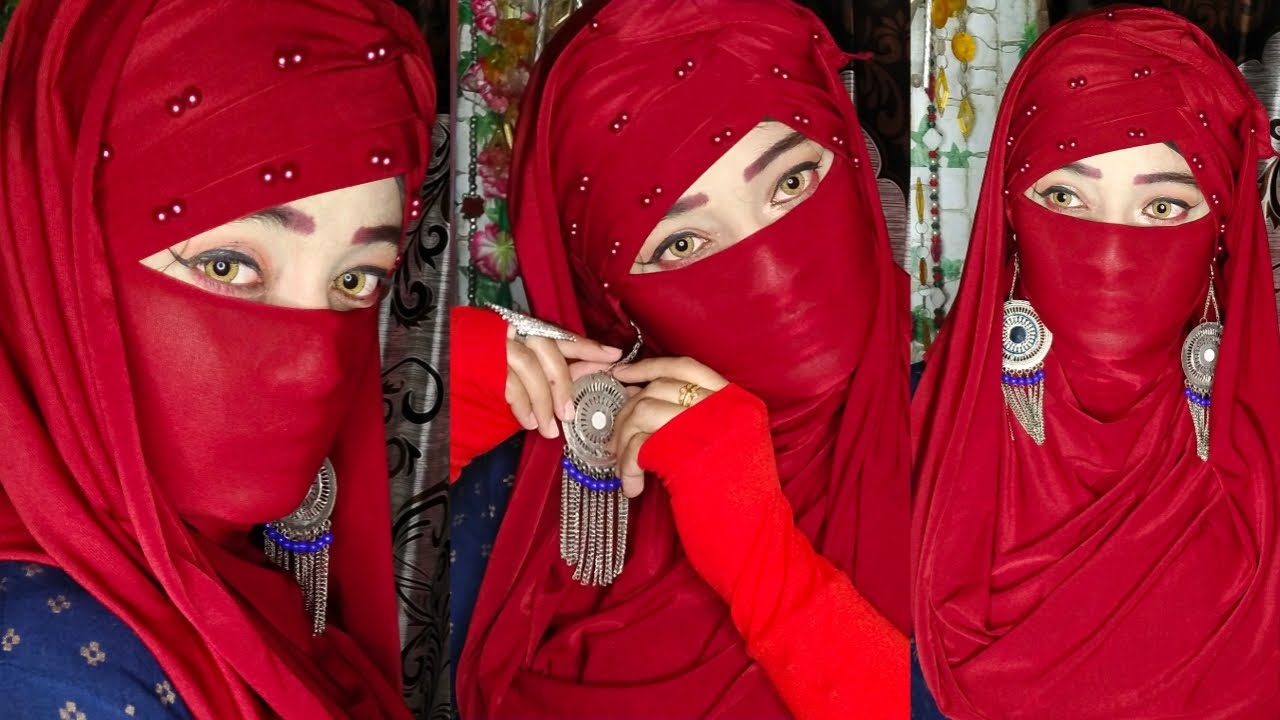 Red tight niqab with earrings 😘 New tight niqab tutorial ❤️ 
