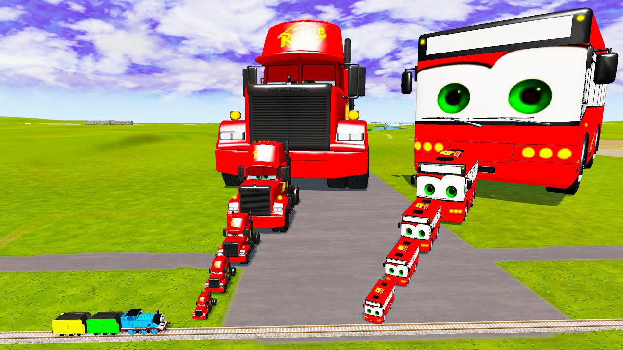 Big & Small Mack Truck vs Bus Lightning Mcqueen vs Trains Thomas | BeamNG.Drive