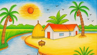 Easy Winter Village Scenery Drawing Step by Step | Beautiful Winter Landscape for Beginners
