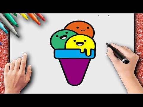 COMO DESENHAR UM SORVETE DE CASQUINHA COM 3 BOLAS COLORIDAS DESENHE E PINTE FÁCIL
