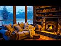 Cozy winter ambience for reading with relaxing piano music fireplace blizzard sounds