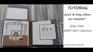 FREE TUTORIAL For Beginners | NO MAGNET | Quick & Easy mini album | Echo Park BABY BOY | 7x7