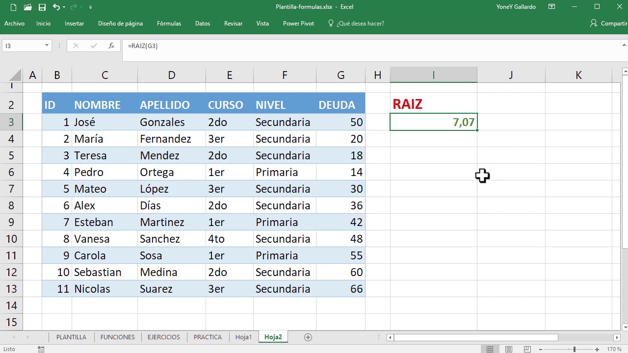 Funci n raiz en excel youtube