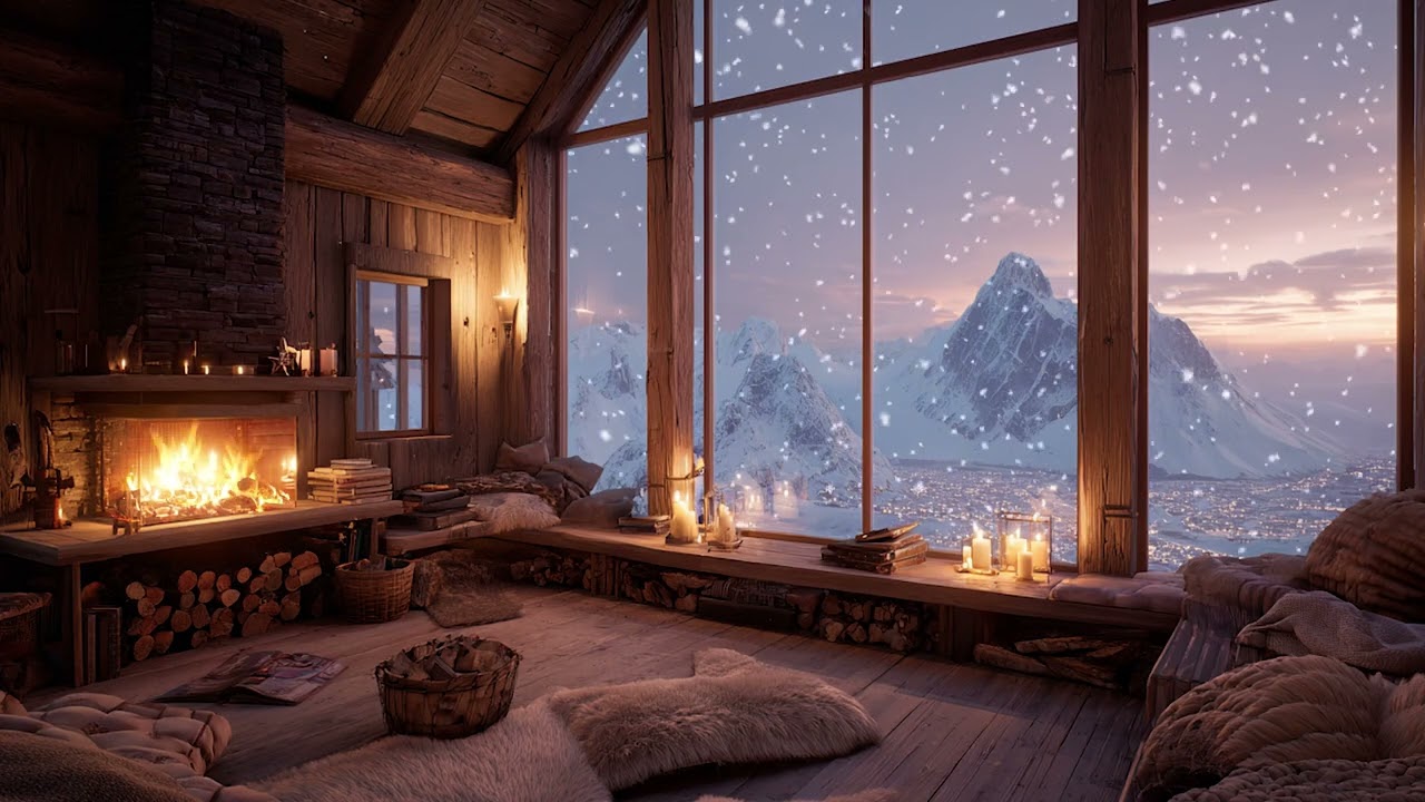 Cozy Winter Cabin Piano Escape | Gentle Snowfall and Fireplace Warmth