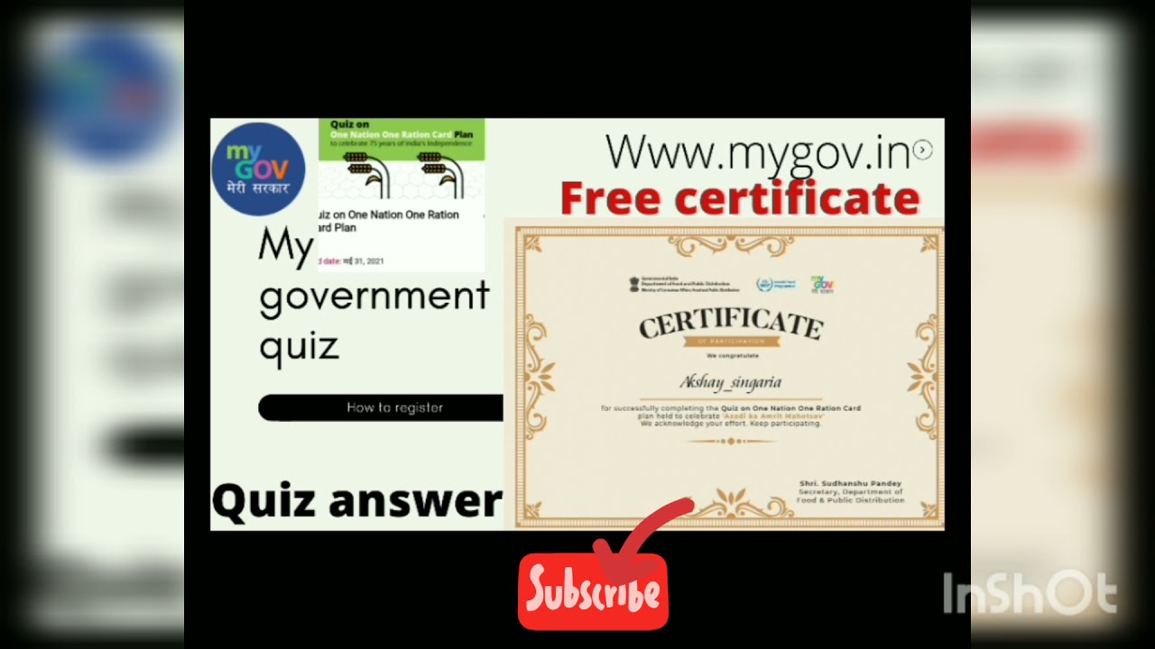 Quiz on one Nation one ration card plan || quiz answer || my government || free certificate || 