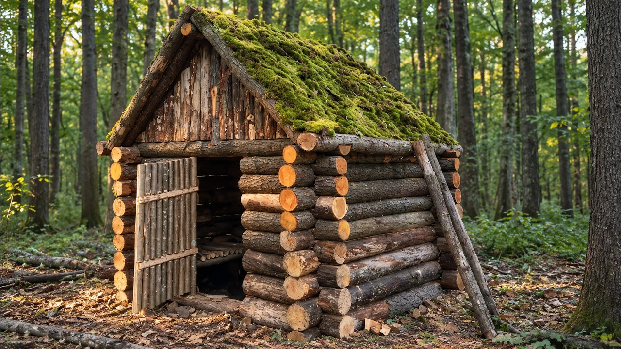 We Built a Cozy Log Cabin Deep in the Forest | ASMR Bushcraft Shelter ...