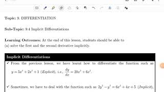 Chapter 9 : Differentiation (Part 8 : Implicit Differentiation) MADAME AINI