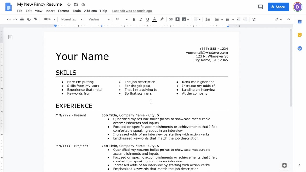 writing a resume on google docs