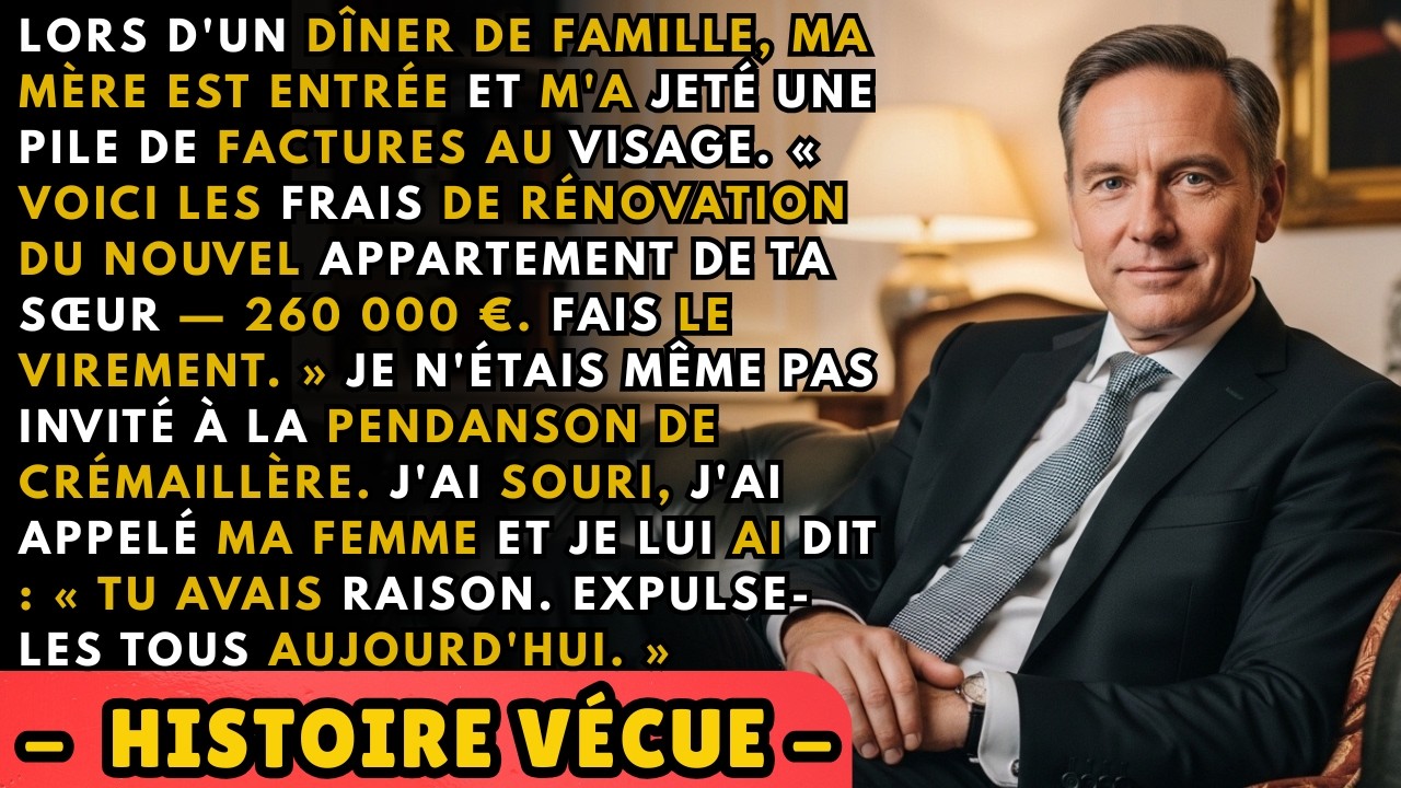 Ma mère a jeté une pile de factures sur la table en plein dîner de famille, devant tout le monde. Deux mille six cents euros pour les travaux de ma sœur, un appartement où je n'avais même pas été...