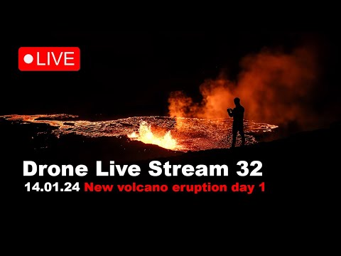 LIVE 14.01.24 Day 1 at the new volcano eruption in Iceland! Drone live stream 2