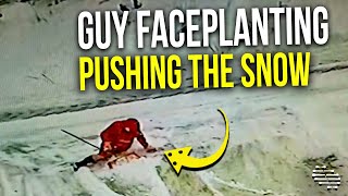 Security Camera Captures a Guy Slipping and Faceplanting While Pushing the Snow