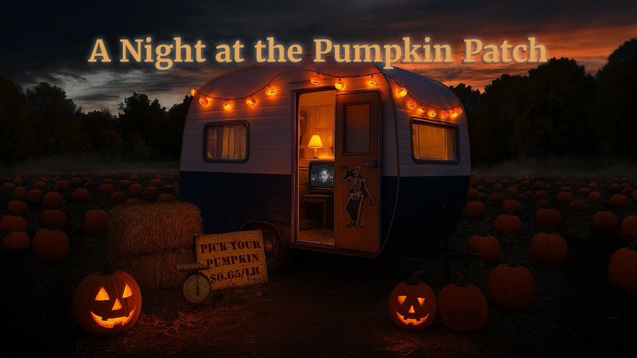 Cozy Pumpkin Patch Ambience | Vintage Trailer, Halloween Lights & Classic Horror Movies | 8 Hours 🎃