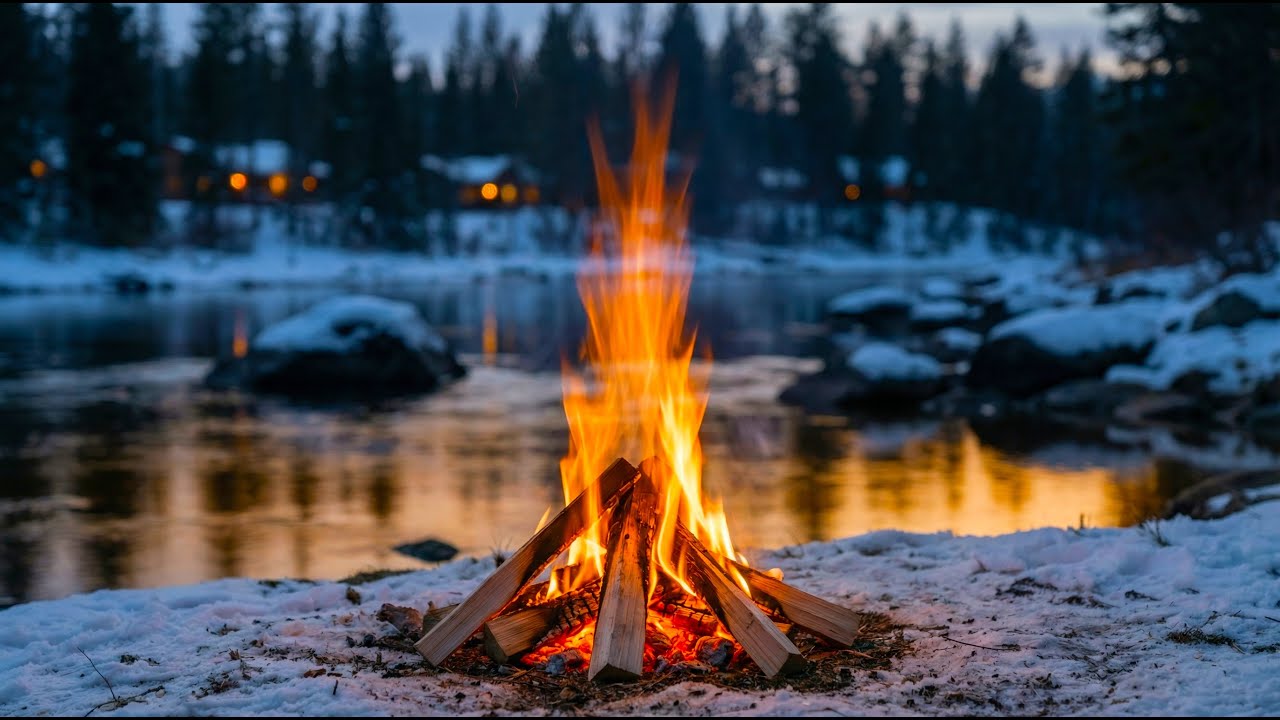 Crackling Winter Campfire & River Sound for Relaxing and Deep Sleep | Cozy Forest Cabin | 4K