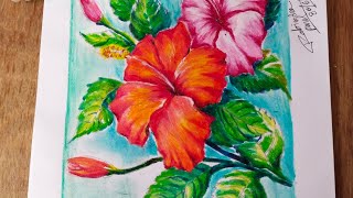 how to draw hibiscus flower with oil pastel colours step by step easy. screenshot 1