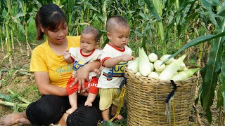 Single Mom, Harvest Corn go to the market sell, Make a bamboo house for 2 children to play, Cooking