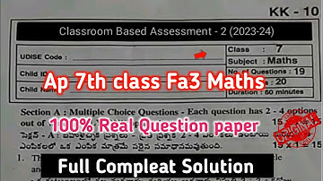 Ap 7th class Fa3 Maths 💯real Question Paper 2023-24 with answer|7th class maths fa3 answer key2024