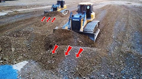 Wow! Amazing Landfill Task Using Shantui DH17C3 Dozer Push Stone into Flood Block with Dump Truck