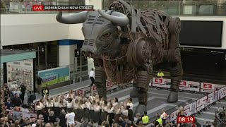 Ozzy the Birmingham Commonwealth Games Bull is unveiled at his new home at New Street Station