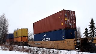 Sloppy Weather!  Extra Stack Train CN 123 w/DPU at Burry Mills, NB