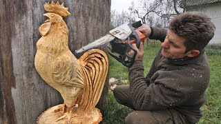 AMAZING chainsaw woodcarving, Real size CHICKEN for 1 DAY