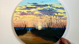 How to paint grass and sunset shore | easy acrylic tutorial