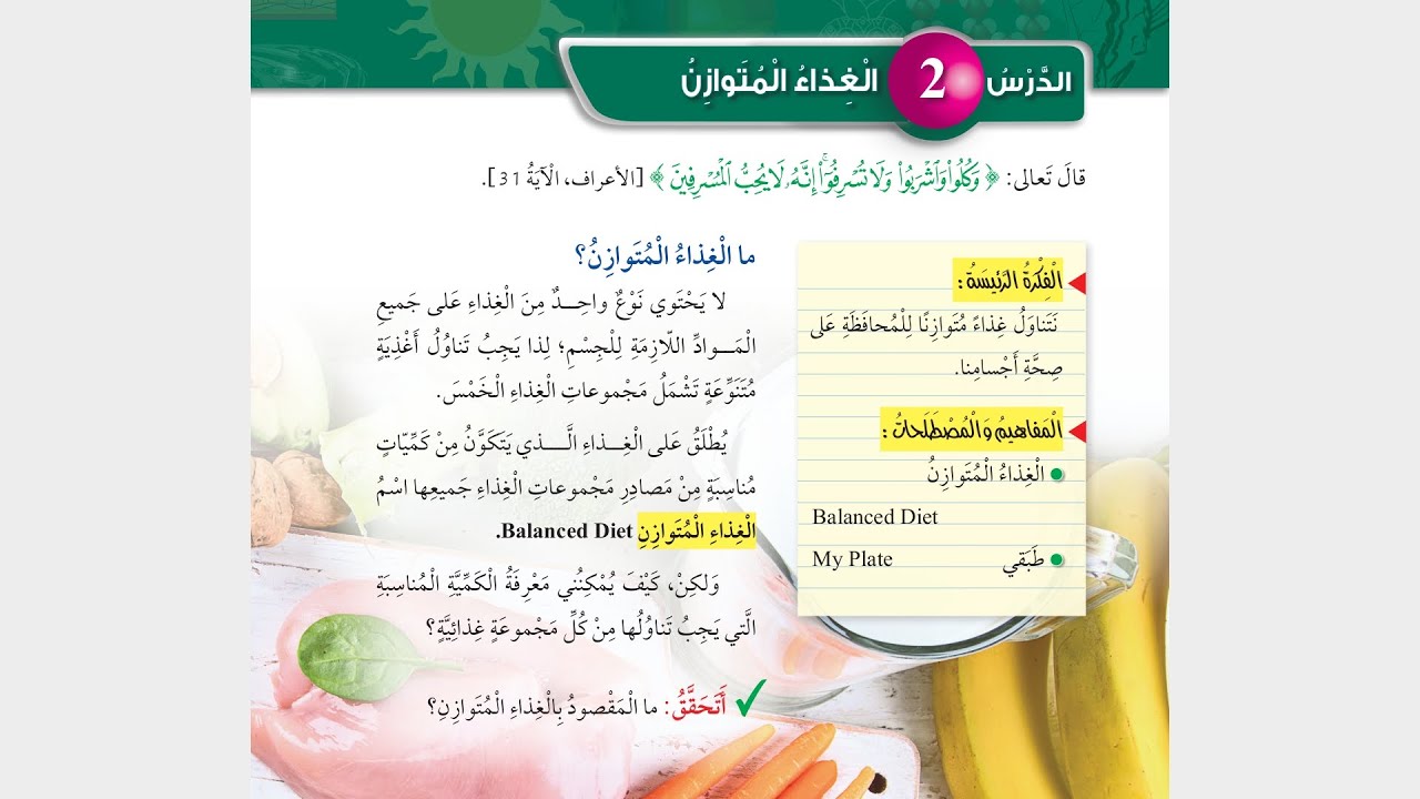 شرح درس الغذاء المتوازن وحل أسئلته للصف الخامس 