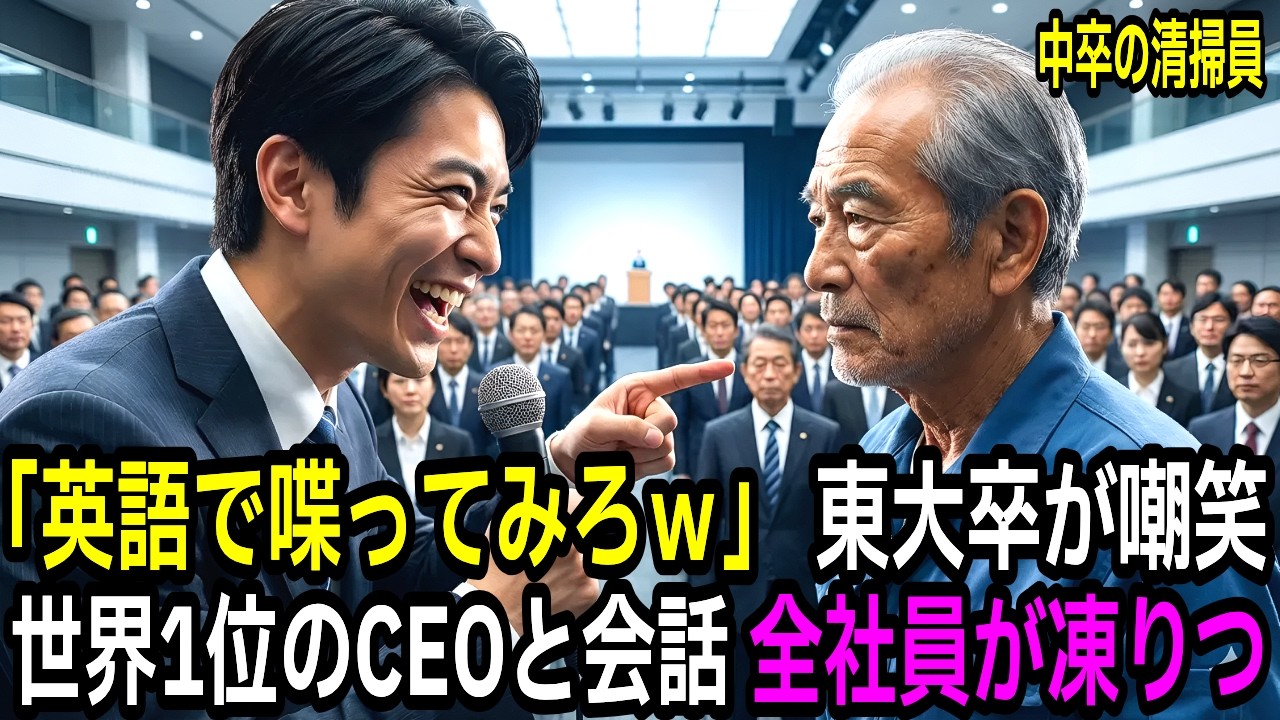 【スカッと】「中卒の清掃員が英語を話せるわけないだろｗ」と見下す東大卒部長。62歳嘱託社員が世界的CEOに流暢な英語で語り始めた瞬間、全社員が沈黙…【大逆転】