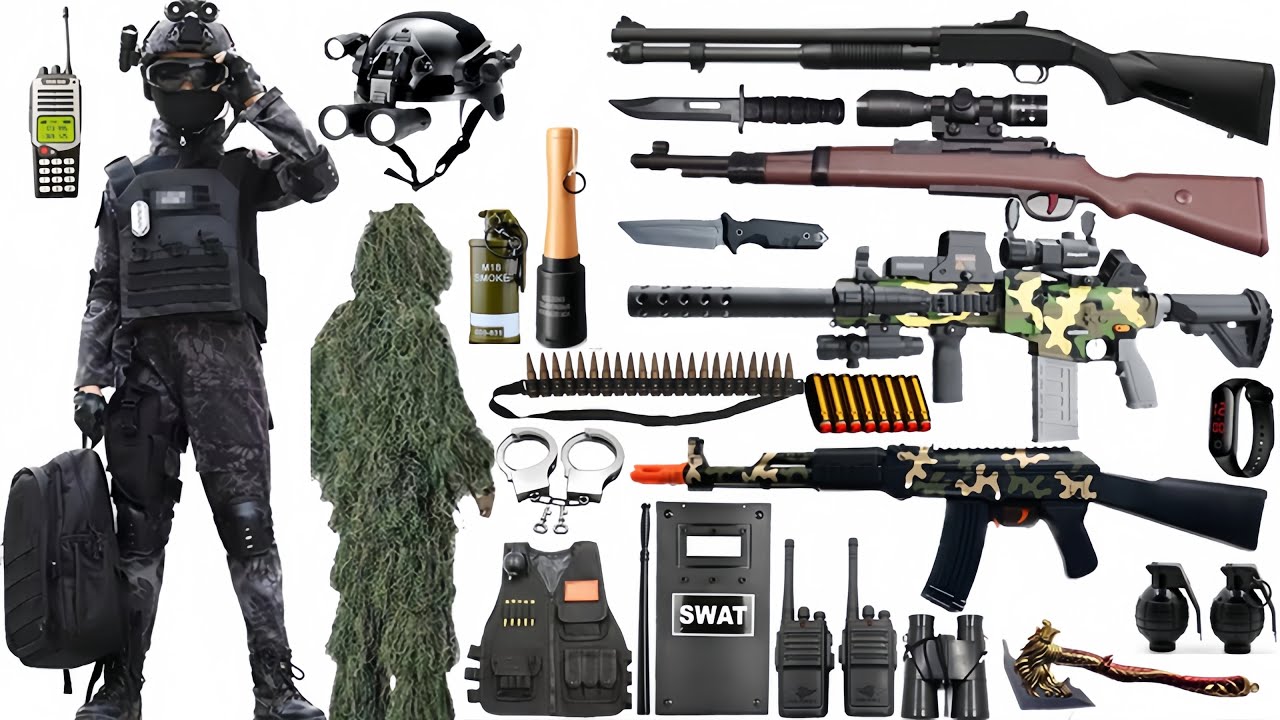Special police weapon unboxing video, M416 rifle, AK-47 , unboxing toy video, gas mask, axe, pistol,