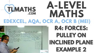 A-Level Maths: R4-21 Forces: Pulley on Inclined Plane Example 2