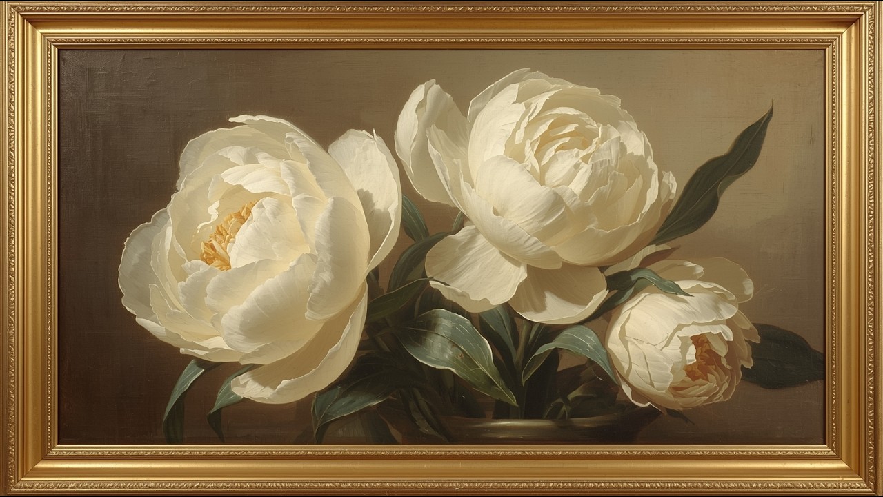 Vintage White Peonies | Elegant Gold Frame Oil Painting | Timeless Floral Art | TV Screensaver 4K