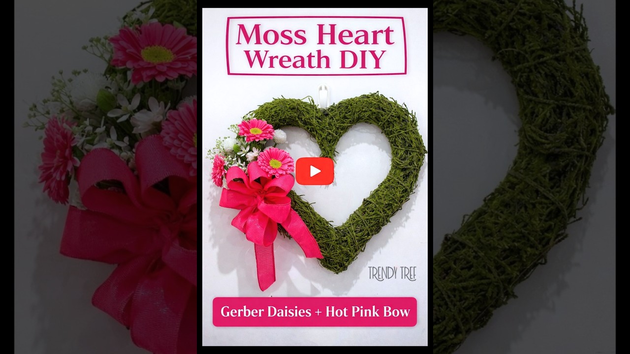 Венок из мха в форме сердца своими руками | Простой мастер-класс с герберами и розовым бантиком