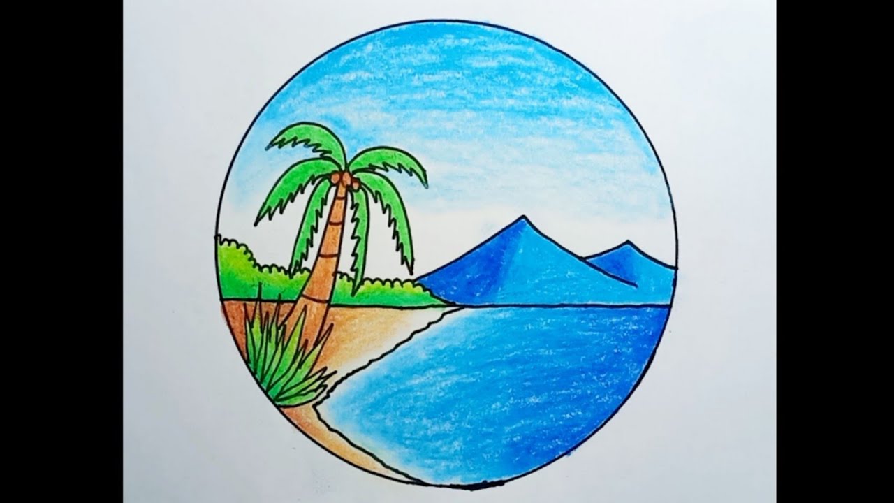 How To Draw Beach Scene Easy Step By Step |Drawing Beach Scenery In A ...