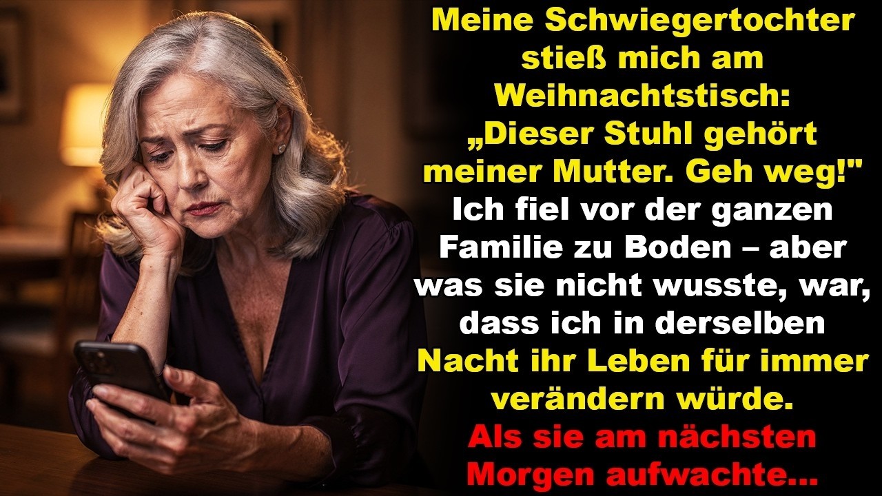 „Renate, steh auf! Dieser Stuhl gehört meiner Mutter.“ Mit diesen Worten stieß mich meine Schwiegertochter am Heiligabend vor meiner gesamten Familie auf den Boden. Ich lag auf den kalten Fliesen...