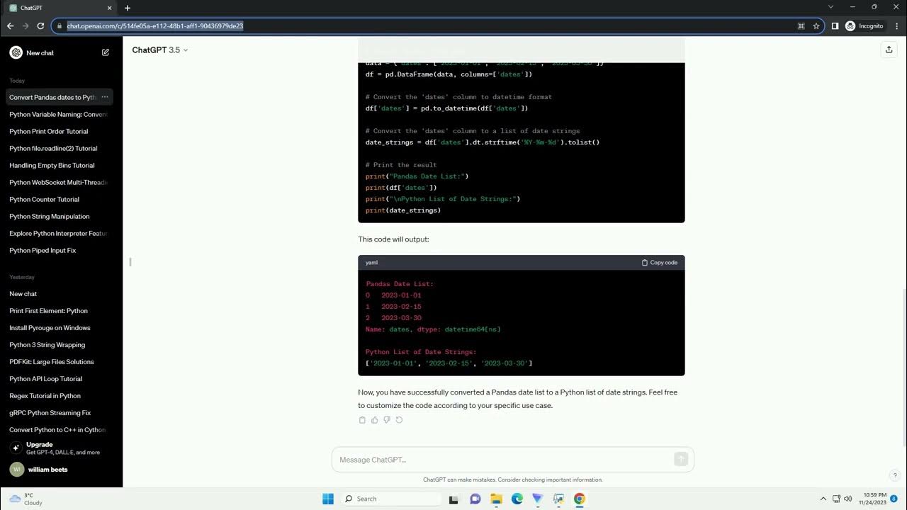 Convert panda date list to python list of date strings - YouTube