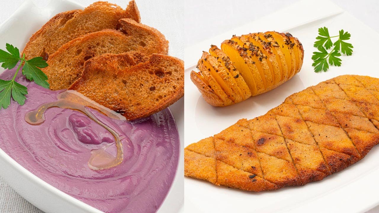 Crema de col lombarda - Escalope de ternera con patatas Hasselback - Cocina Abierta