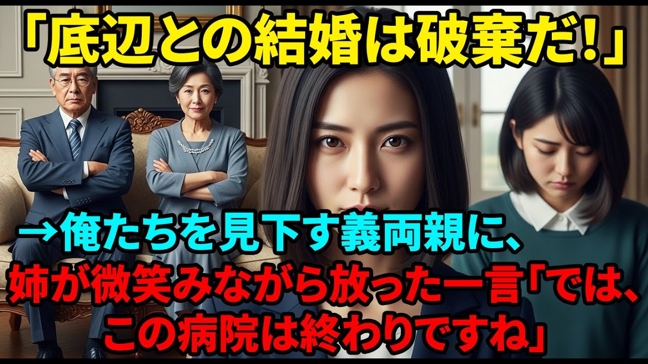 【スカッと】結婚挨拶に行くと、医院長の義両親「底辺は身内にできない。婚約は破棄だ！」と嘲笑。すると俺を育ててくれた姉が静かに一言「そうですか。では、この病院は終わりですねw」→姉の正体とは