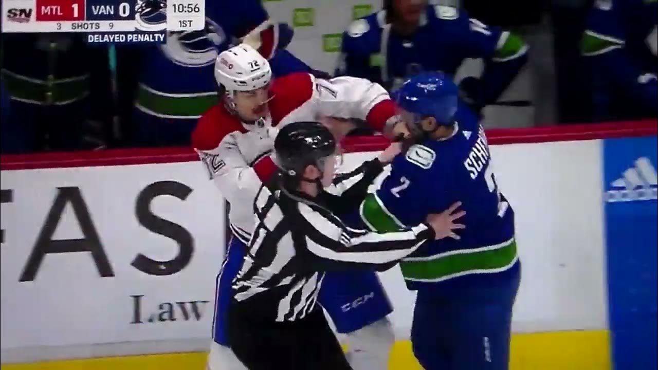 NHL hockey fight Luke Schenn(Canucks) vs. Arber Xhekaj(Canadiens