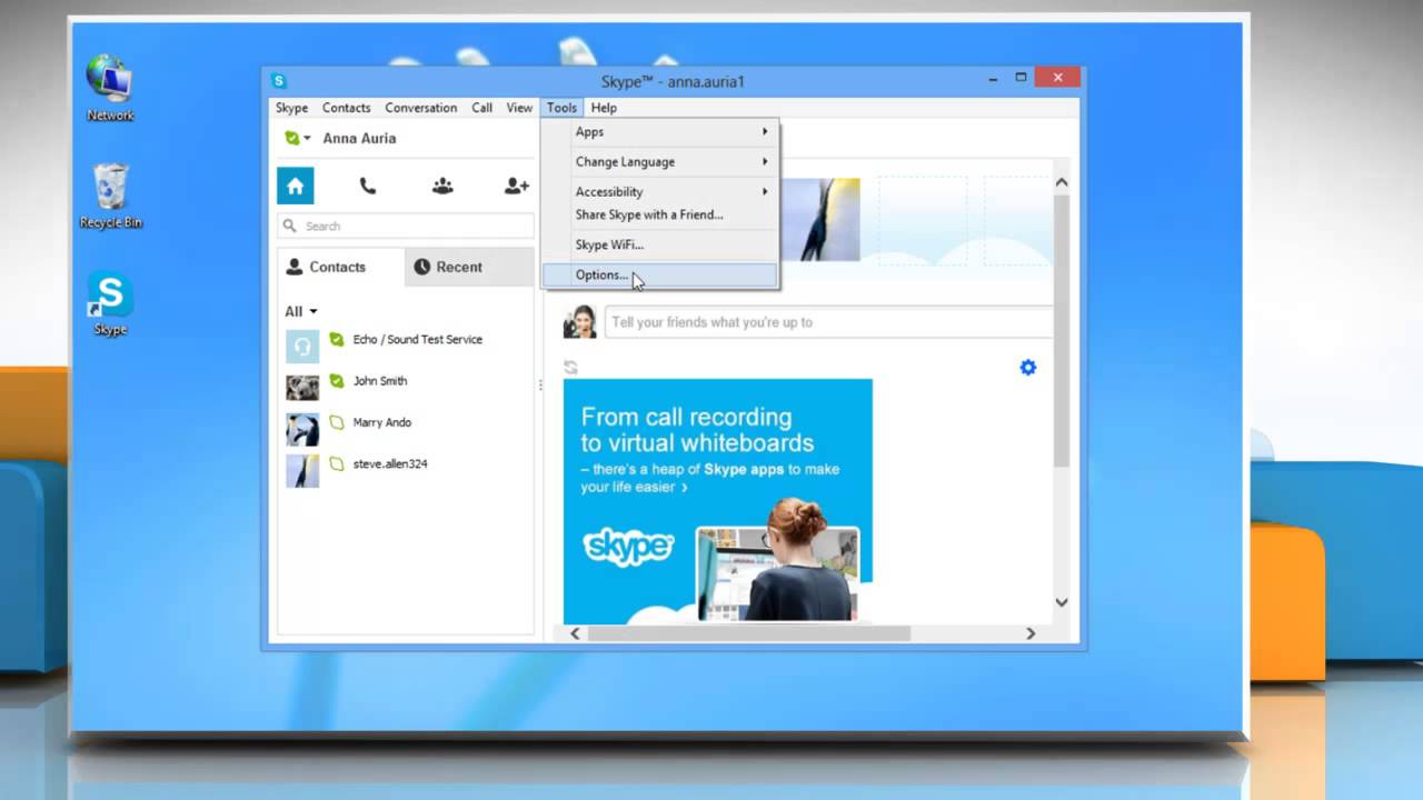 How to make the contact list of Skype® account more compact by removing profile pictures: Windows® 8