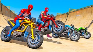 MOTOS Esportivas com HOMEM ARANHA e SUPER HERÓIS novo Desafio na Rampa - GTA V