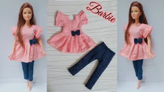 Making Barbie doll short frock and denim pant||diy doll dress||A-Doll designer❤️