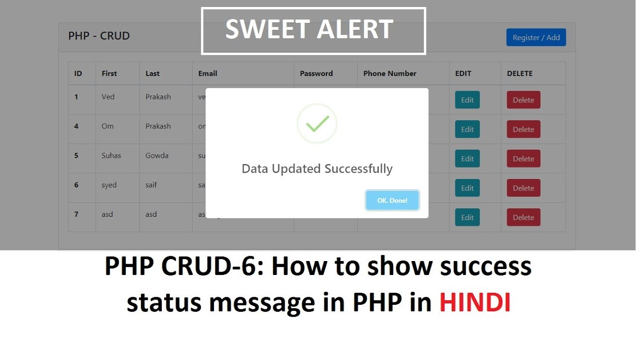 alert php สวยๆ  Update 2022  PHP CRUD-6: How to show success message in php using sweet alert in HINDI