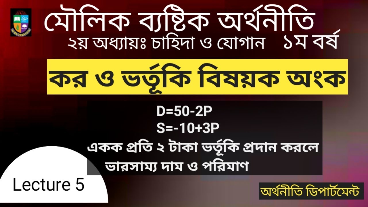 কর ও ভর্তূকি বিষয়ক অংক।Lecture 5.ব্যষ্টিক অর্থনীতি।চাহিদা ও যোগান ২য় অধ্যায়।micro economics.nu