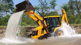 JCB Earth Movers Washing in River With Fun - JCB 3dx Backhoe Loader Cleaning in River - JCB Video